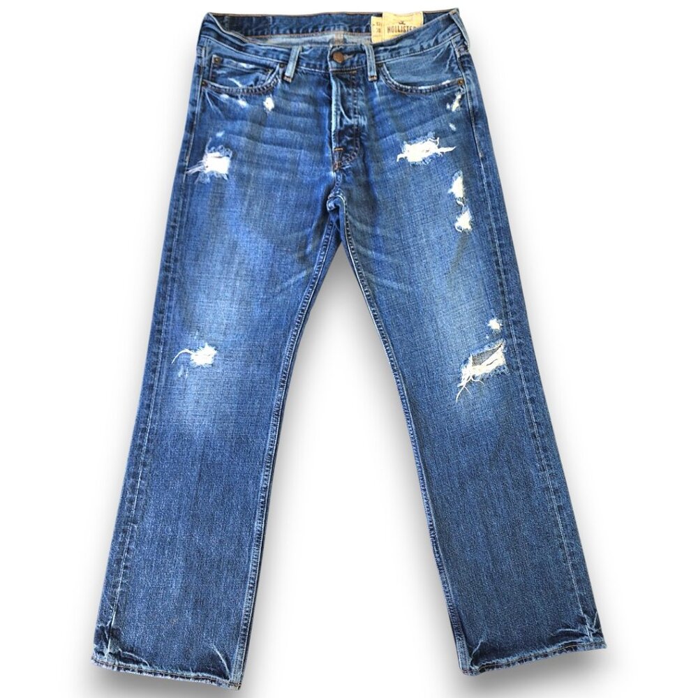 HOLLISTER Balboa 32x30 Men's Button Fly Jean Straight Distressed Denim Blue